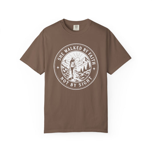 Faith Hiker T‑Shirt — "She Walked By Faith, Not By Sight"