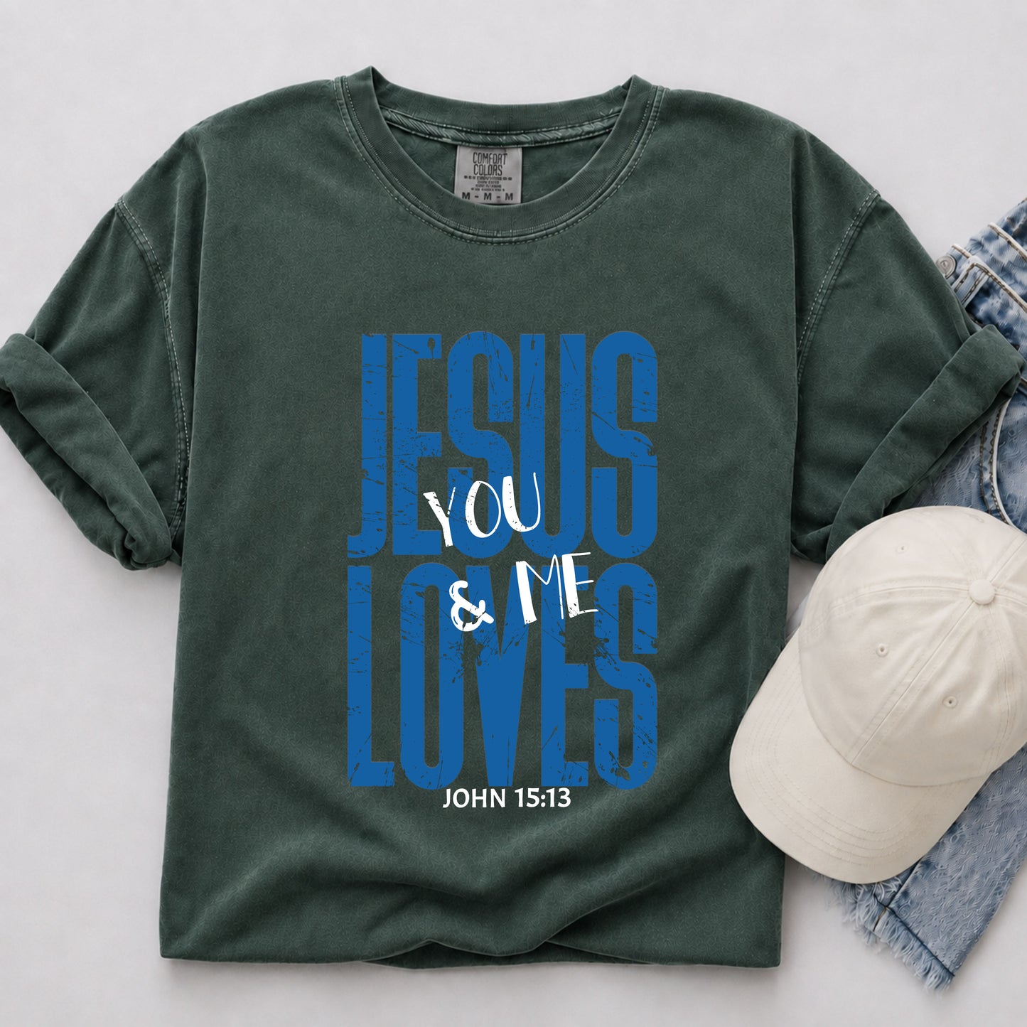 Jesus Loves You & Me Tee in Blue Spruce