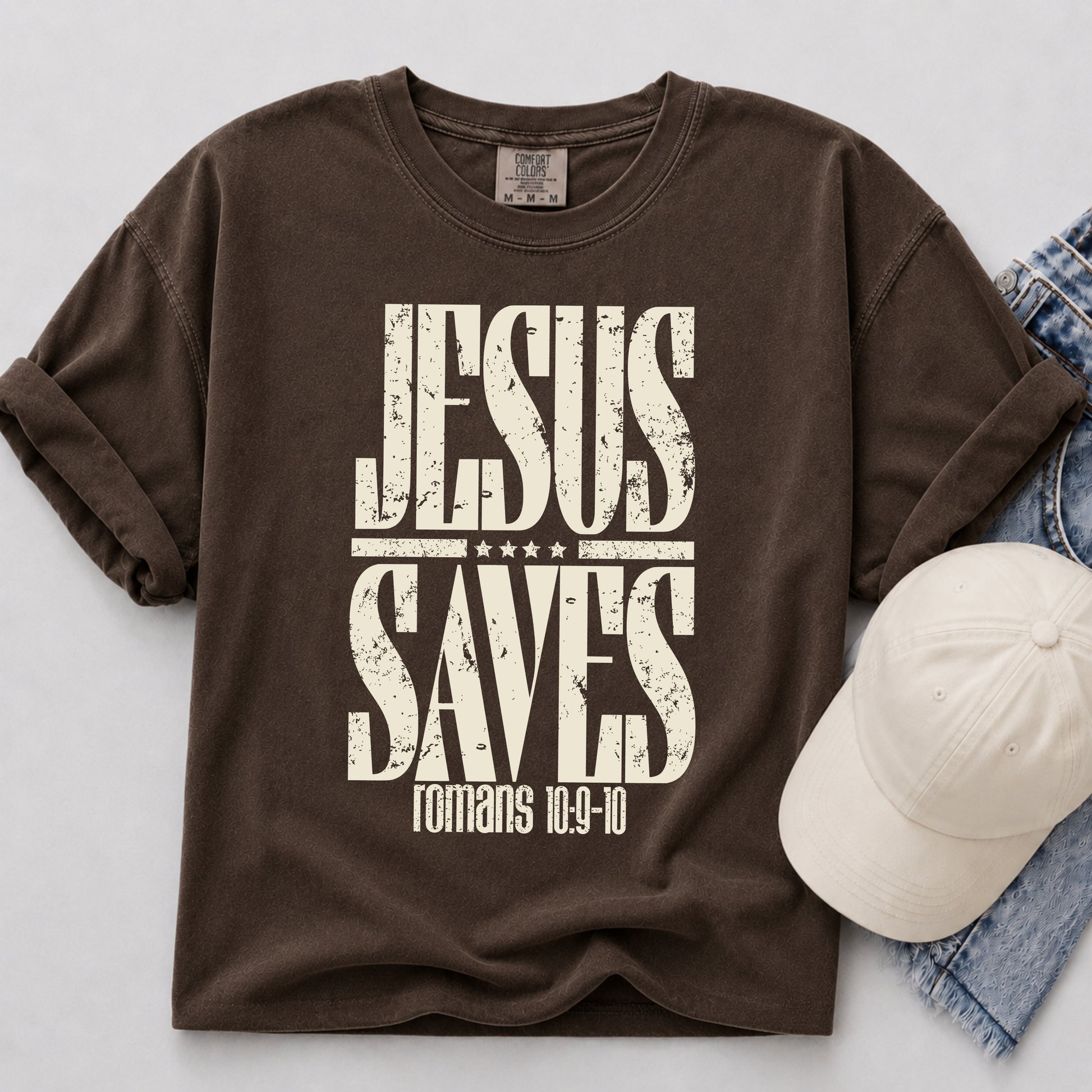 Jesus Saves Tee in Espresso
