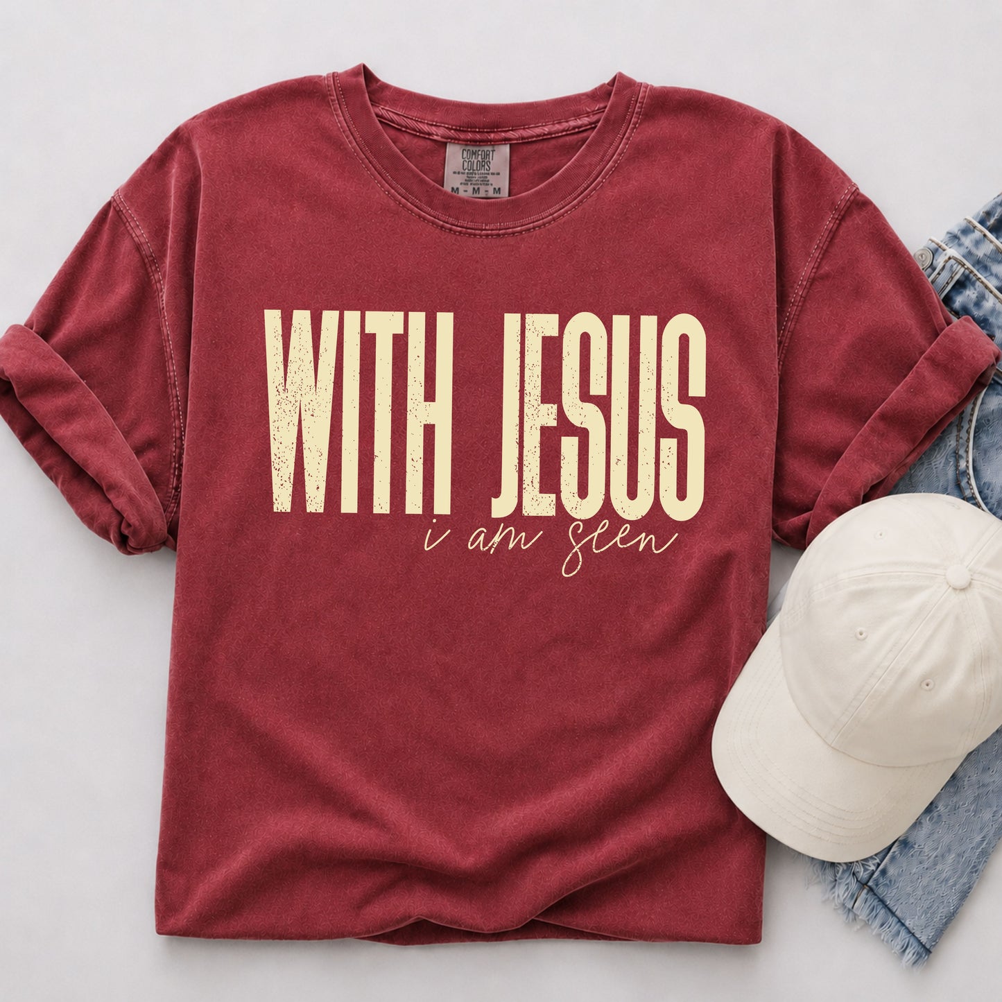 With Jesus I Am Seen Tee in Chili
