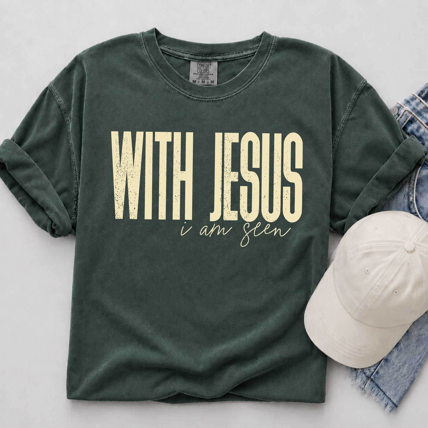 With Jesus I Am Seen Tee in Blue Spruce