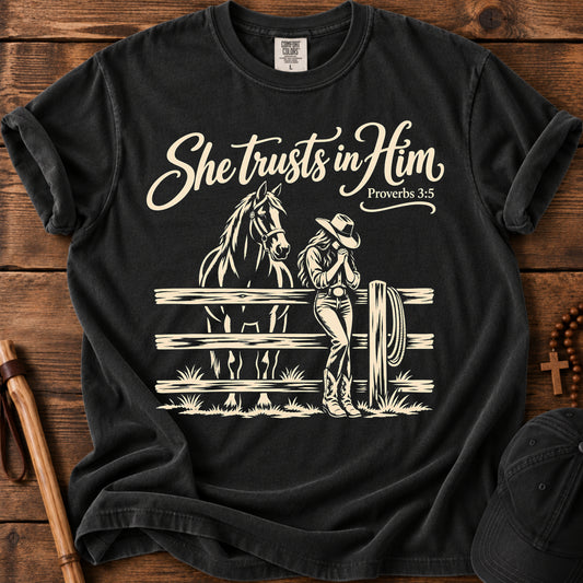 She Trusts in Him Tee in Black