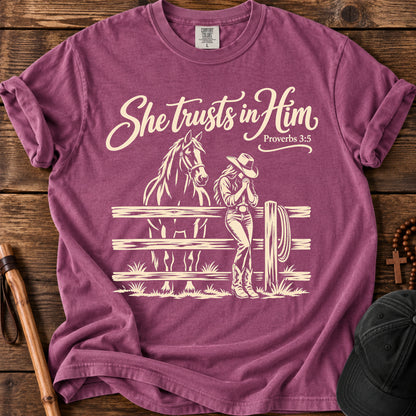 She Trusts in Him Tee in Berry
