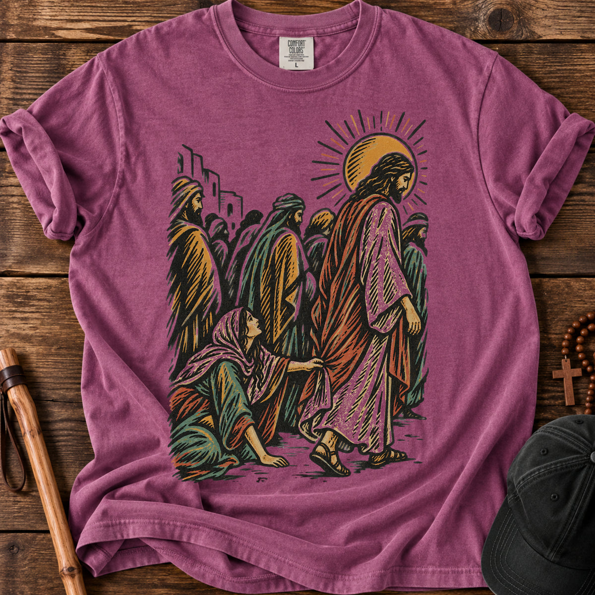 Jesus Walking Among the Crowd Tee in Berry