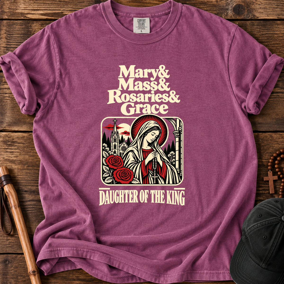 Mary & Mass Daughter of the King Tee in Berry