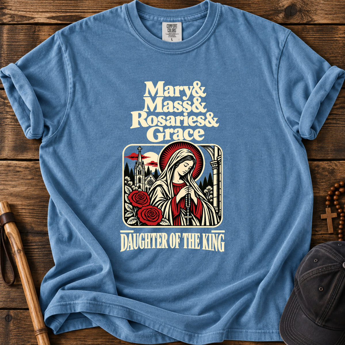 Mary & Mass Daughter of the King Tee in Blue Jean