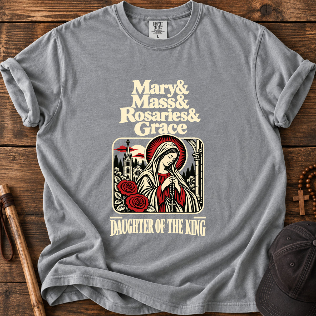 Mary & Mass Daughter of the King Tee in Grey