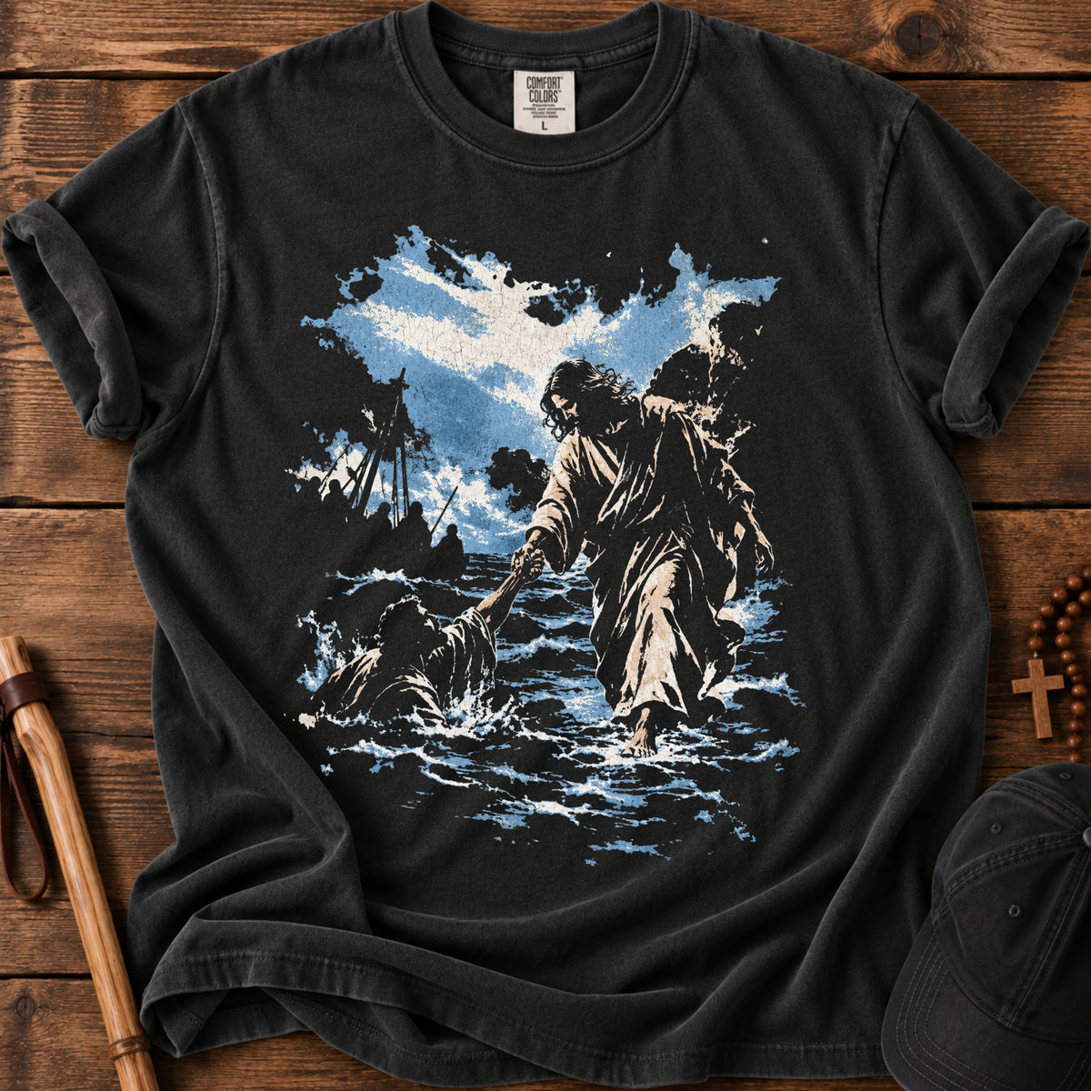 Jesus Lifts Peter Tee in Black