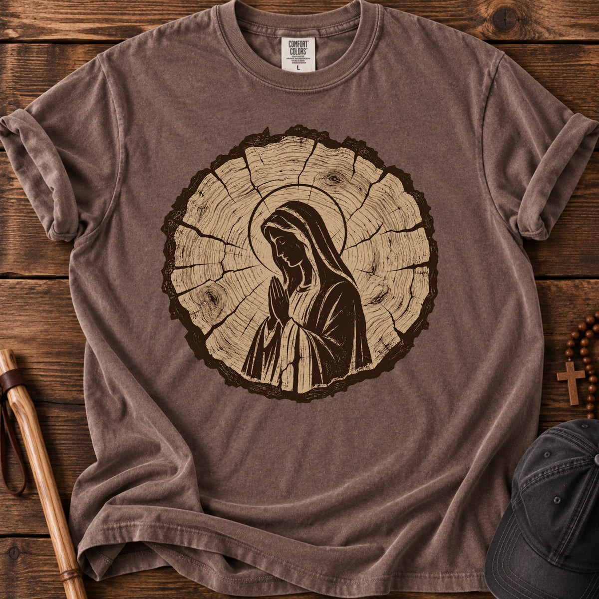 Virgin Mary Woodgrain Tee in Espresso