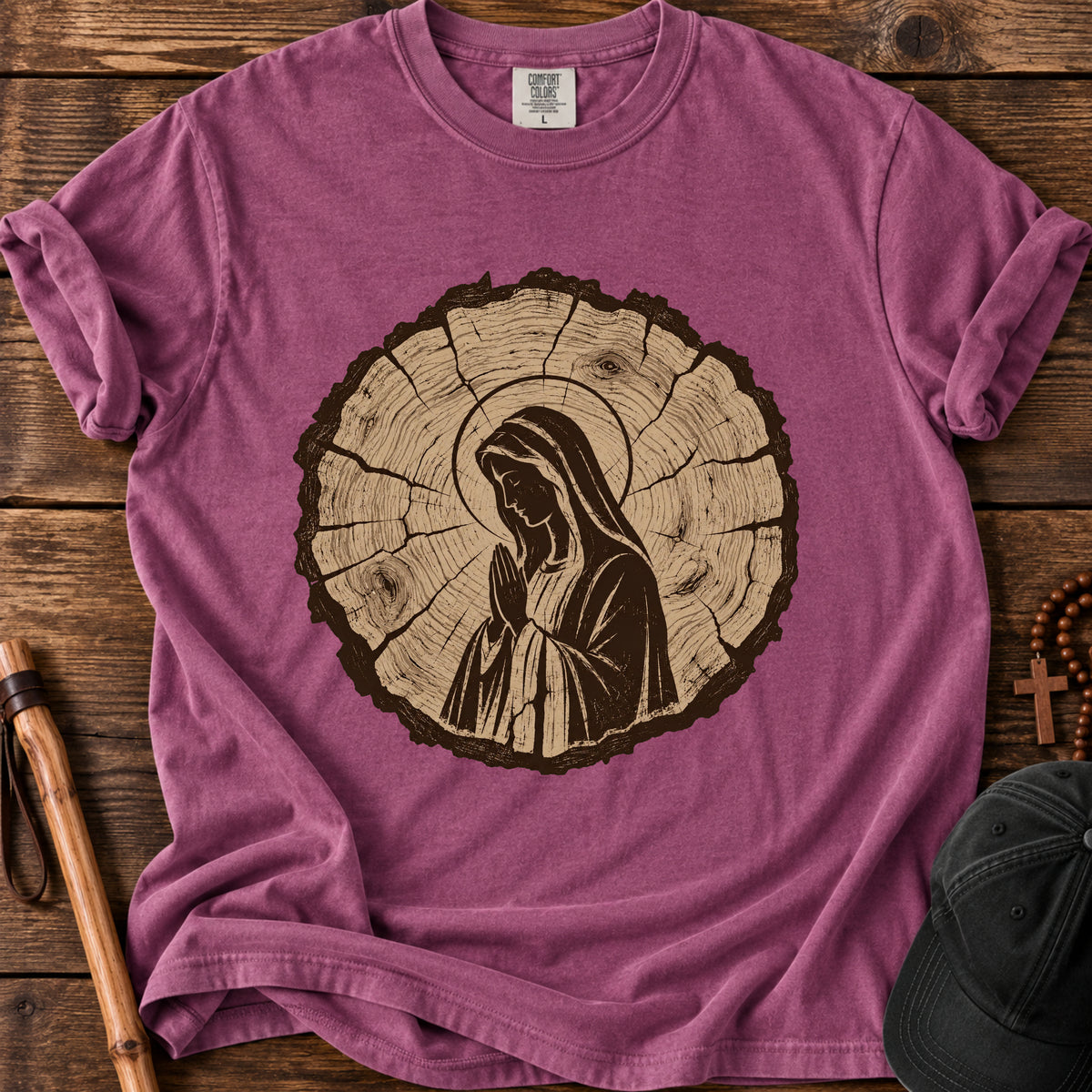 Virgin Mary Woodgrain Tee in Berry