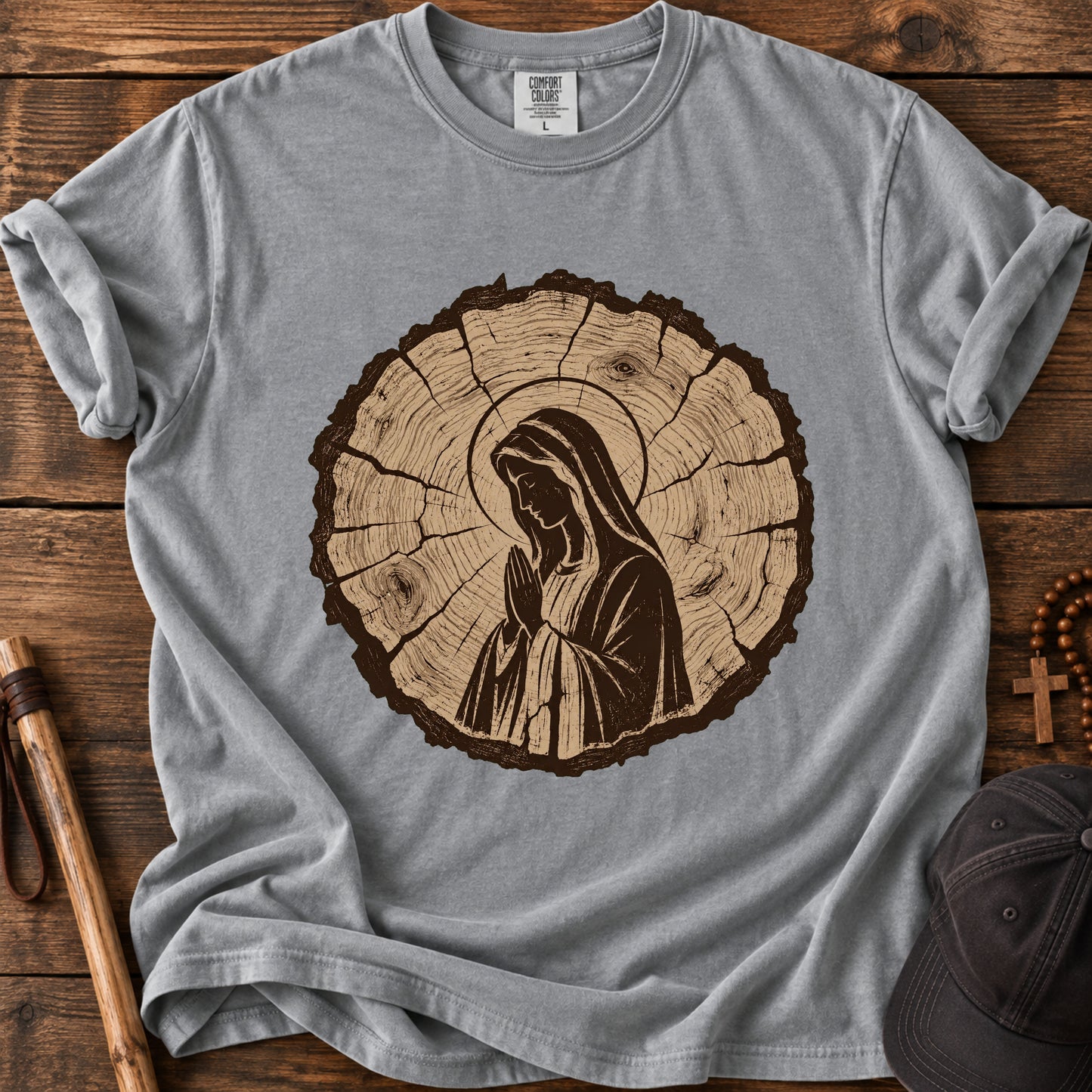 Virgin Mary Woodgrain Tee in Grey