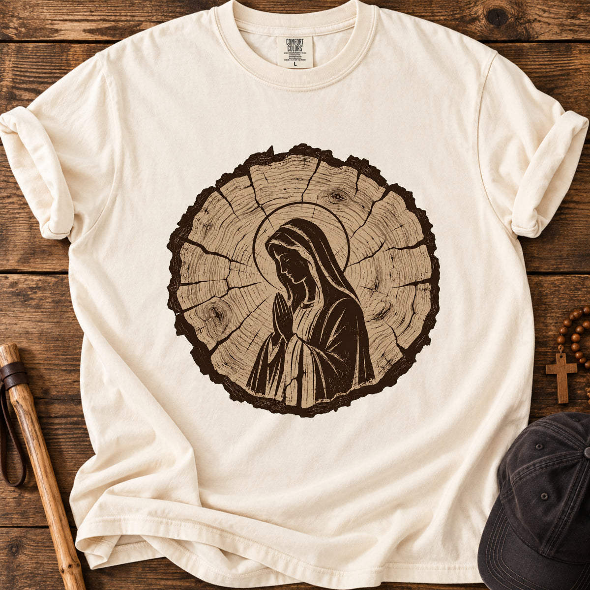 Virgin Mary Woodgrain Tee in Ivory