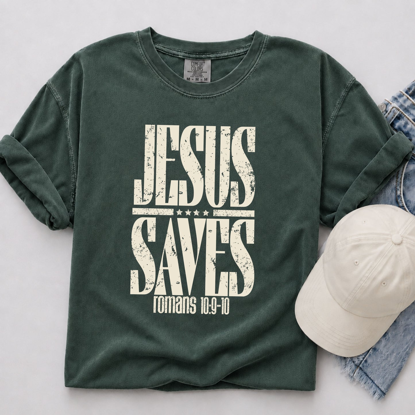 Jesus Saves Tee in Blue Spruce